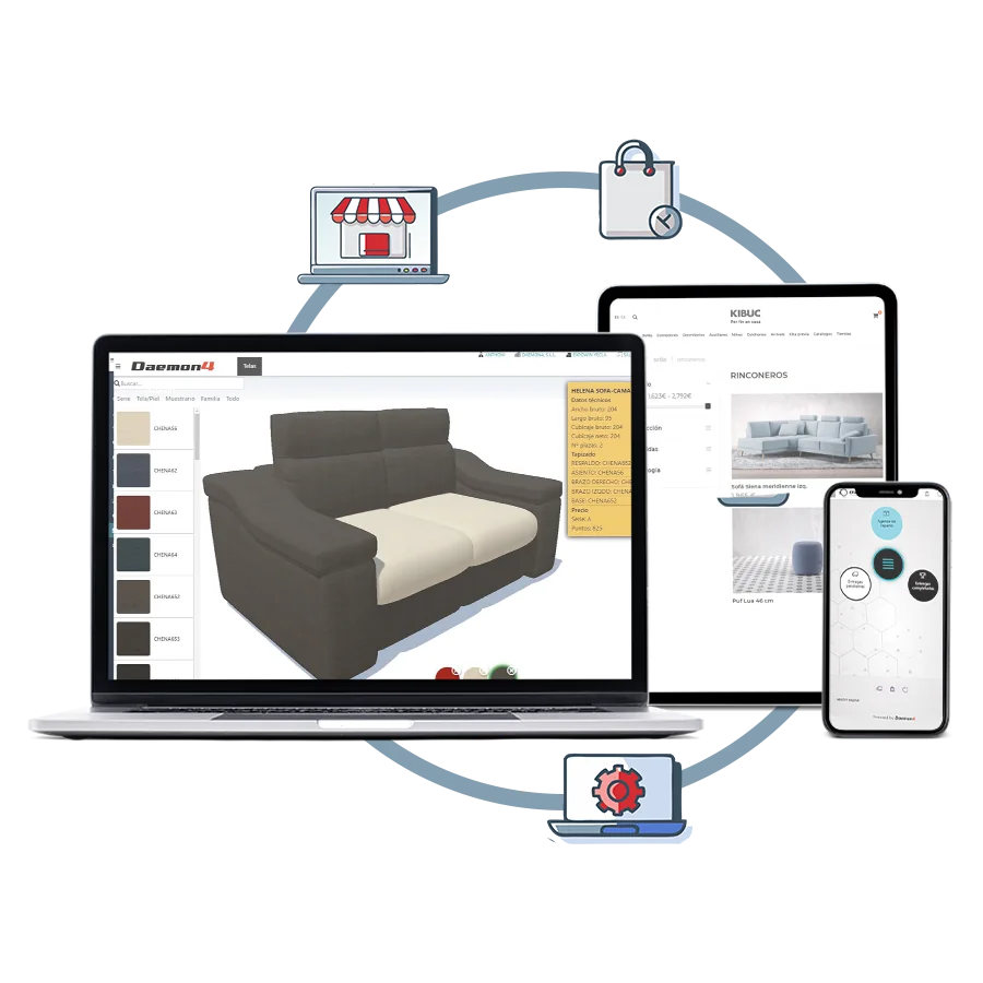 Expowin en ordenador, tablet y móvil: ficha de un sofá con sus acabados